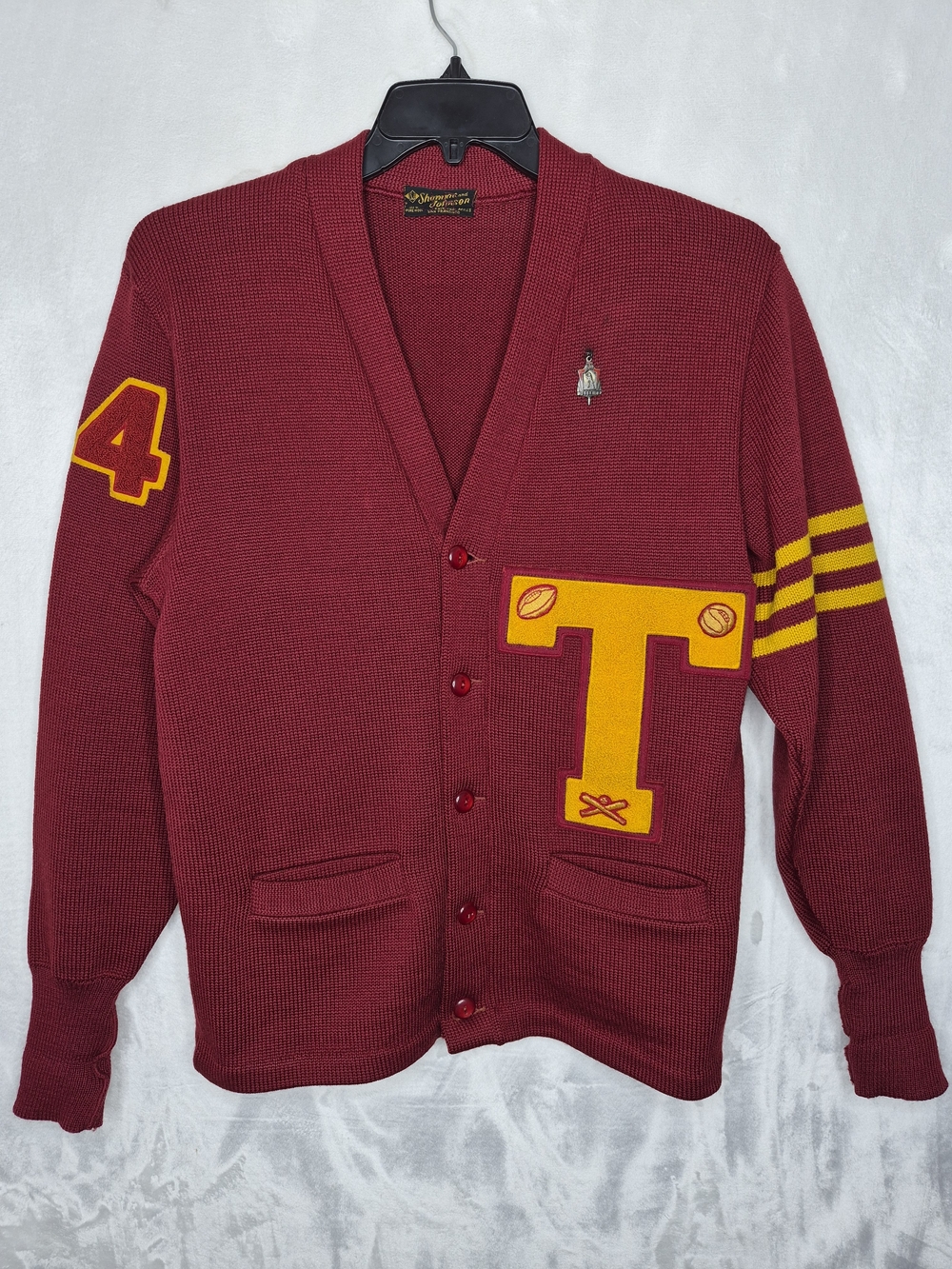 Vintage 1954 Huston Tillotson HBCU Wool Letterman Sweater Sterling Redskins Pin